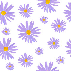 Purple asters pattern illustration on white background. Print for wallpaper, wrapping paper, greeting cards design. Seamless floral pattern