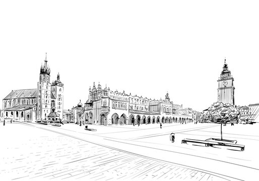 Poland. Krakow. St. Mary's church. Hand drawn sketch. City vector illustration