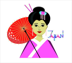 Geisha in kimono with red umbrella, japanese style