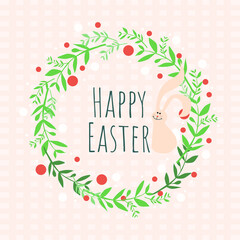 cute rabbit and easter set of flowers and eggs. happy easter greeting card