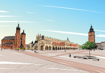 Poland. Krakow. St. Mary's church. Hand drawn sketch. City vector illustration