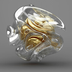 3d render of abstract art with surreal 3d organic alien ball bubble or sphere in curve wavy smooth and soft biological organic lines forms in glossy glass and gold core inside on grey background