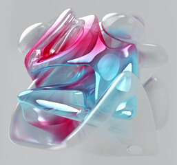 3d render of abstract art with surreal sculpture in curve wavy organic biological lines forms in transparent glossy plastic material with multilayer effect in azure blue purple and grey gradient color
