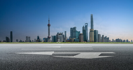 Freeway skyline and financial district modern buildings