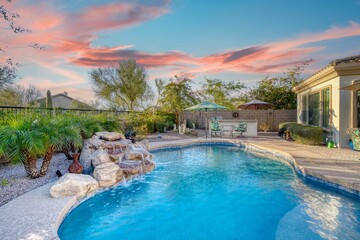 Luxury home pool at sunset with a waterfall - obrazy, fototapety, plakaty