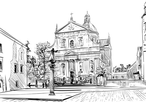 Poland. Krakow. Church of Saints Peter and Paul. Hand drawn sketch. City vector illustration
