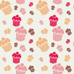 Fotobehang Seamless pattern of coloured sweet dessert cupcakes , for wrapping paper, wallpaper, fabric pattern, backdrop, print, gift wrap, cover of notebook, envelope. Vector illustration © Anna
