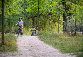 Two little boys children having fun on Balance Bike on a country road.