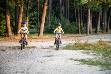 Two active little sibling boys having fun on bikes in forest on warm day.