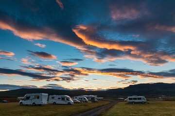 Camping site in Iceland under beautiful sunset