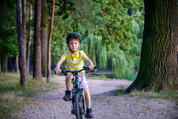 Naklejka premium Portrait of happy toddler child boy riding on bike with helmet. He rides from a small hill, through a sandy forest path. Sport concept: kids ride bicycle first bike active toddler kid