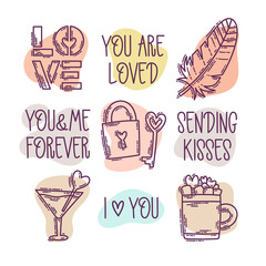 Valentine's Day doodle style hand-drawn icons with simple engraving retro effect and quotes. Romantic mood cute love symbols, letterings and elements on abstract bubbles.