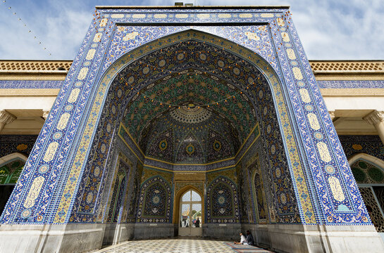Qom, Iran &ndash; April 16, 2019:  Mosque of Azam Iwan, Shrine of Fatima al-masumeh sister of eight Imam Reza and daughter of the seventh Imam Musa al-Kadhim, Qom, Iran