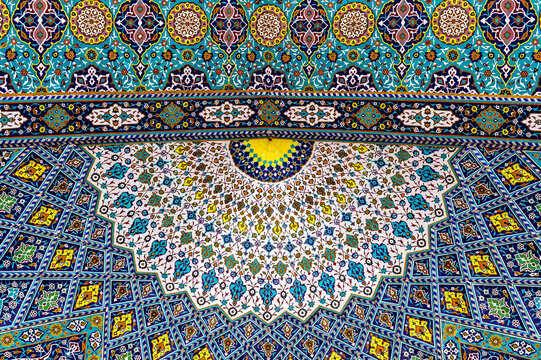 Qom, Iran &ndash; April 16, 2019: Azam Mosque iwan, Ceiling decoration, Shrine of Fatima al-masumeh sister of eight Imam Reza and daughter of the seventh Imam Musa al-Kadhim, Qom, Iran