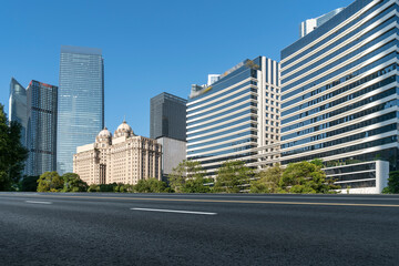 City roads and financial district buildings