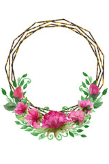 Gold frames with watercolor bouquets of flowers,peonies,poppies,orchids,roses, for Valentine's Day greeting cards, invitations,for design works,needlework and hobbies.