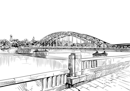 Poland. Krakow. Hand drawn bridge over the river Vistula. Vector illustration