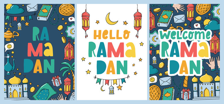 Set of Ramadan greeting cards, posters, prints, invitations decorated with doodles and lettering quotes. Eps 10