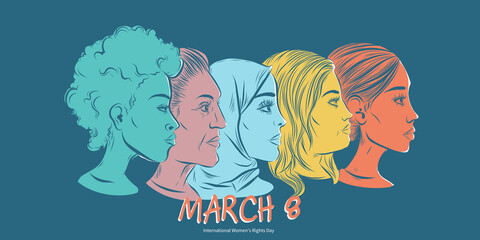 March 8 th - International womens rights day design - women faces diversity illustration banner