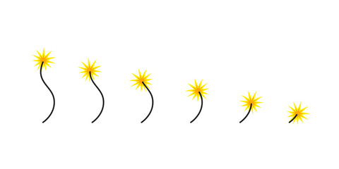 Burning fuse flat set. Wick burn with sparks, bomb detonation timer illustration element.