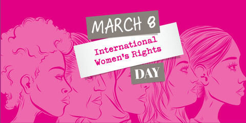 March 8 th - International womens rights day design - women faces diversity illustration banner
