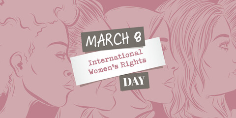 March 8 th - International womens rights day design - women faces diversity illustration banner