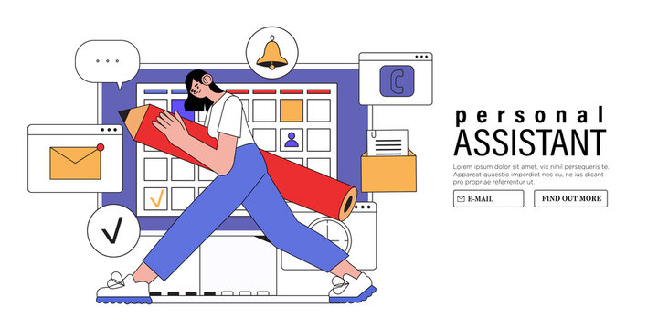 Business personal assistant online service or app. Remote worker helping with different tasks and paperwork. Professional help and support for manager. Task distribution or delegation.