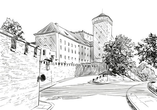 Poland. Krakow. Wawel castle. Hand drawn sketch. City vector illustration