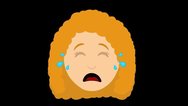 Loop animation of a cartoon redhead woman's face crying with tears of sadness, on a transparent background (with zero alpha transparency channel)