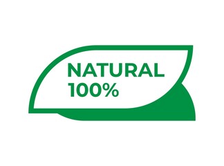 Green sticker in the form of a leaf with the word natural. Vector stock image