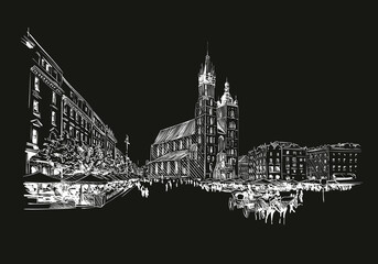 Obraz premium Poland. Krakow. St. Mary's church. Hand drawn sketch. City vector illustration