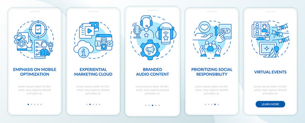 Marketing trends examples blue onboarding mobile app screen. Innovation walkthrough 5 steps graphic instructions pages with linear concepts. UI, UX, GUI template. Myriad Pro-Bold, Regular fonts used
