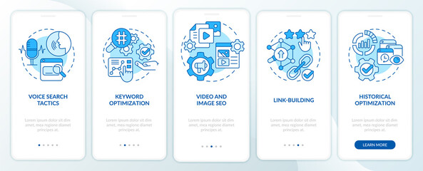 Fototapeta na wymiar SEO marketing trends blue onboarding mobile app screen. Technology walkthrough 5 steps graphic instructions pages with linear concepts. UI, UX, GUI template. Myriad Pro-Bold, Regular fonts used
