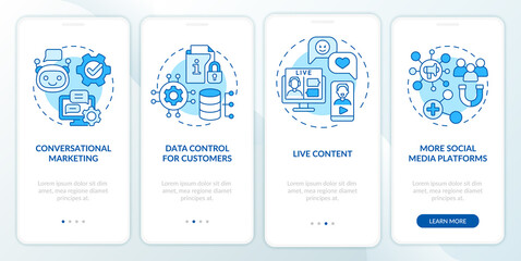 Modern marketing trends blue onboarding mobile app screen. Campaign walkthrough 4 steps graphic instructions pages with linear concepts. UI, UX, GUI template. Myriad Pro-Bold, Regular fonts used