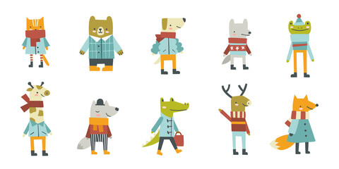 Cute doodle dressed animals set. Collection of cartoon mammals in warm clothes.