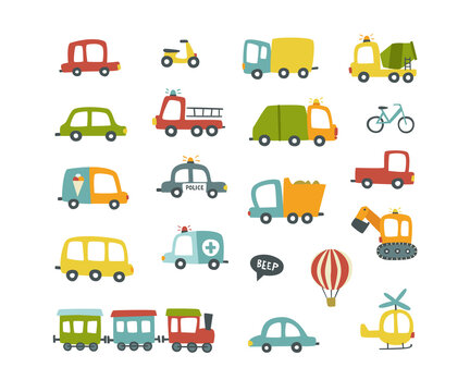 Cute baby vehicles set. Collection of hand drawn vector cars. Bundle of doodle transport.