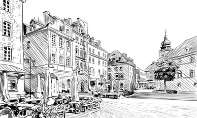 Poland. Warsaw. Palace Square hand drawn sketch. Unusual perspective. City vector illustration
