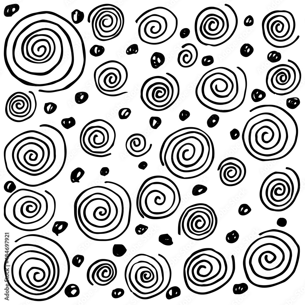Wall mural rough black and white sketch of the geometric pattern with spirals and dots. freehand vector outline
