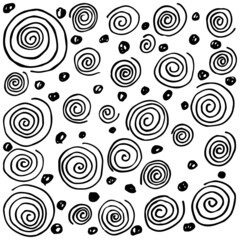 Fototapeta na wymiar Rough black and white sketch of the geometric pattern with spirals and dots. Freehand vector outline drawing isolated on transparent background