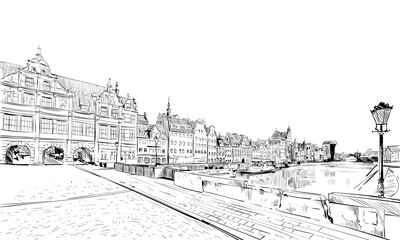 Poland. Gdansk. Motlawa river and The Crane. Hand drawn sketch. Vector illustration