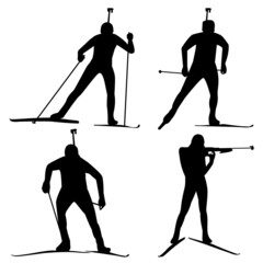 Silhouettes of biotlonists at competitions. Skiers set.