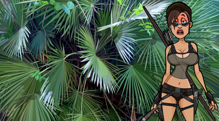 funny cartoon armed woman warrior on jungle background