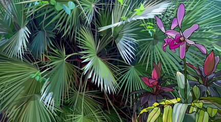 Fototapeta na wymiar beautiful background of dense vegetation with tropical plants