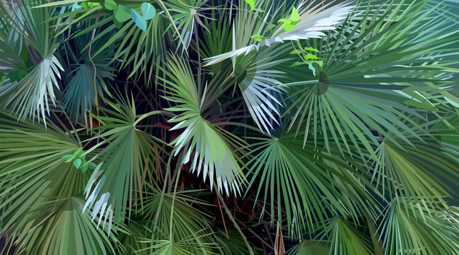 background of dense green tropical vegetation with palm leaves