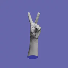 Papier Peint photo Lavable Pantone 2022 very peri Female hand showing a peace gesture isolated on a very peri color background. Trendy abstact collage in magazine urban style. Contemporary art. Modern design. Victory hand sign 