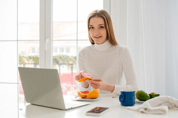 Young beautiful woman working with laptop at home in front of a large window with morning light