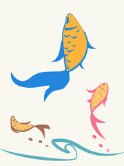 This is a vector image of three stylized fish in the water. The pattern is oriented vertically. The aspect ratio is 3 to 4.
