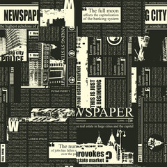Monochrome seamless pattern with collage of black newspaper clippings. Suitable for wallpaper, wrapping paper, fabric. Vector background in retro style with titles, illustrations and imitation of text