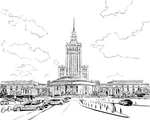 Poland. Warsaw. Palace of Culture and Science. Hand drawn sketch. Vector illustration - obrazy, fototapety, plakaty