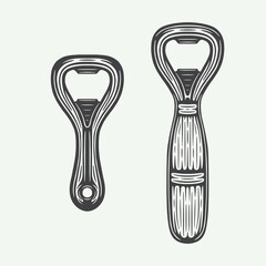 Set of vintage retro beer bottle opener. Can be used like emblem, logo, badge, label. mark, poster or print. Monochrome Graphic Art. Vector Illustration.